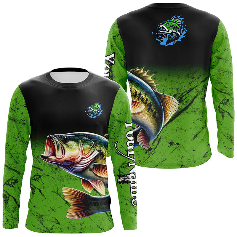 Largemouth Bass Fishing Custom green black long sleeve performance Fishing, Bass fishing NQS5041