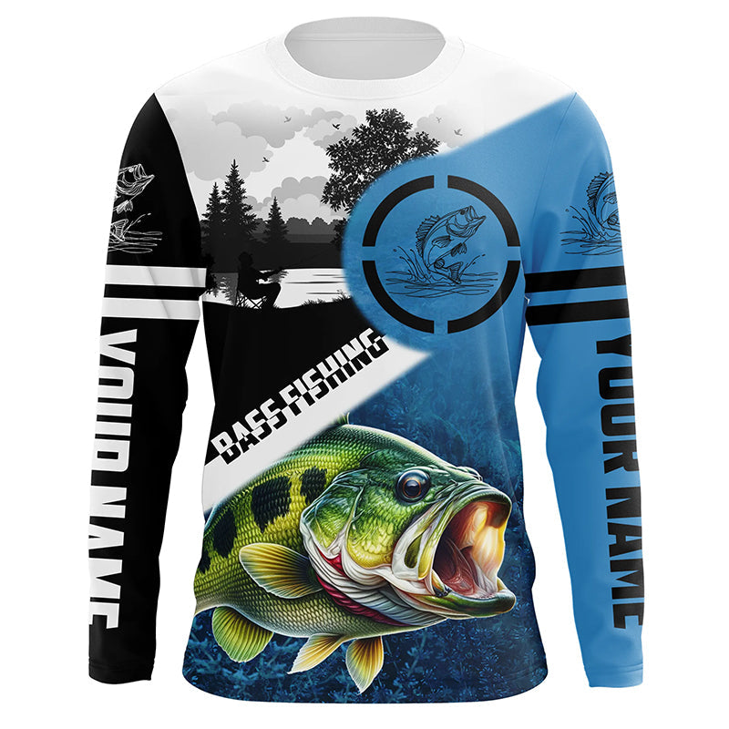 Largemouth Bass Fishing Blue performance fishing custom name long sleeves NQS1269