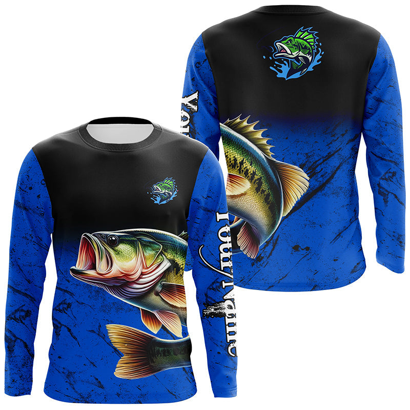 Largemouth Bass Fishing Custom blue black long sleeve performance Fishing, Bass fishing NQS5070