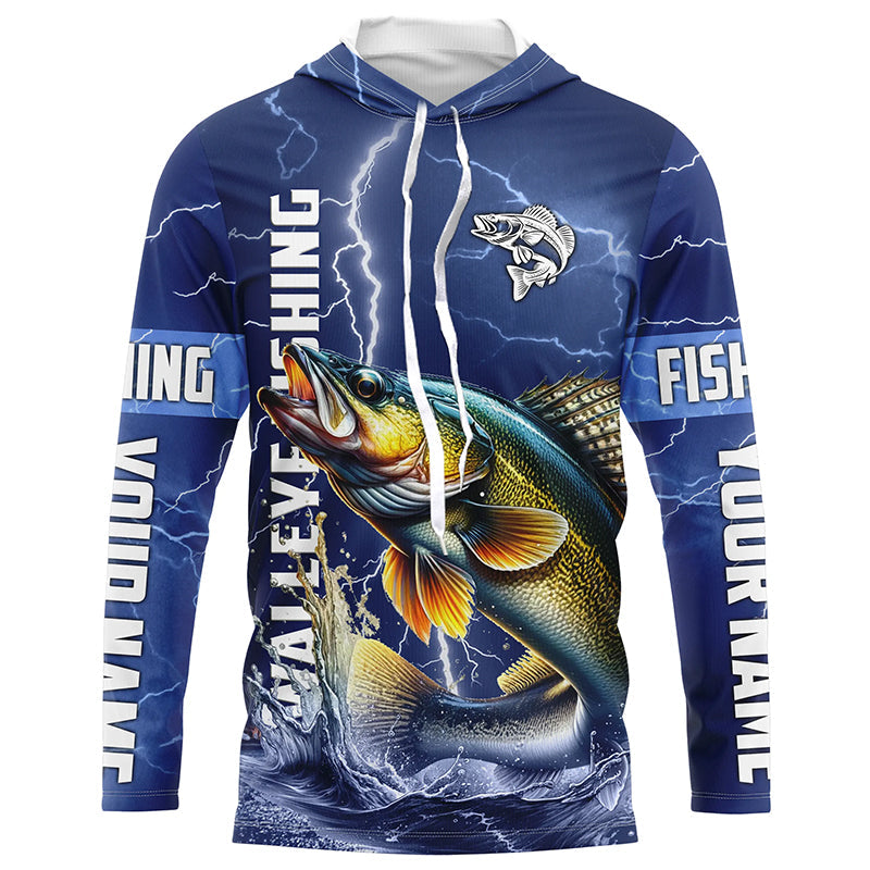 Walleye Fishing blue lightning custom name performance Long Sleeve tournament fishing NQS5352