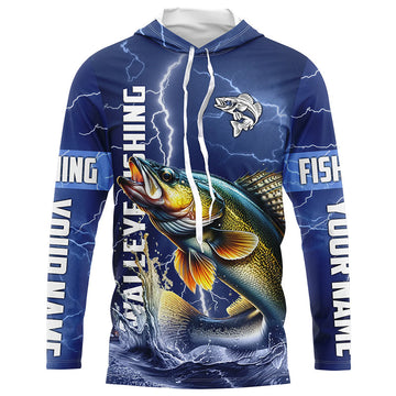 Walleye Fishing blue lightning custom name performance Long Sleeve tournament fishing NQS5352