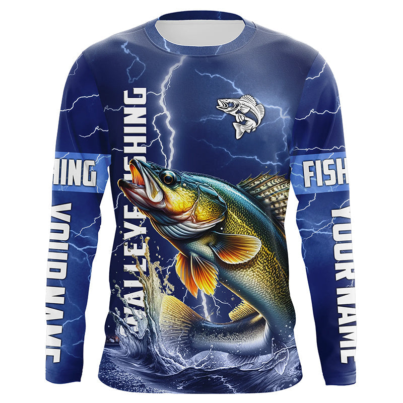 Walleye Fishing blue lightning custom name performance Long Sleeve tournament fishing NQS5352