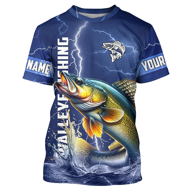 Walleye Fishing blue lightning custom name performance Long Sleeve tournament fishing NQS5352