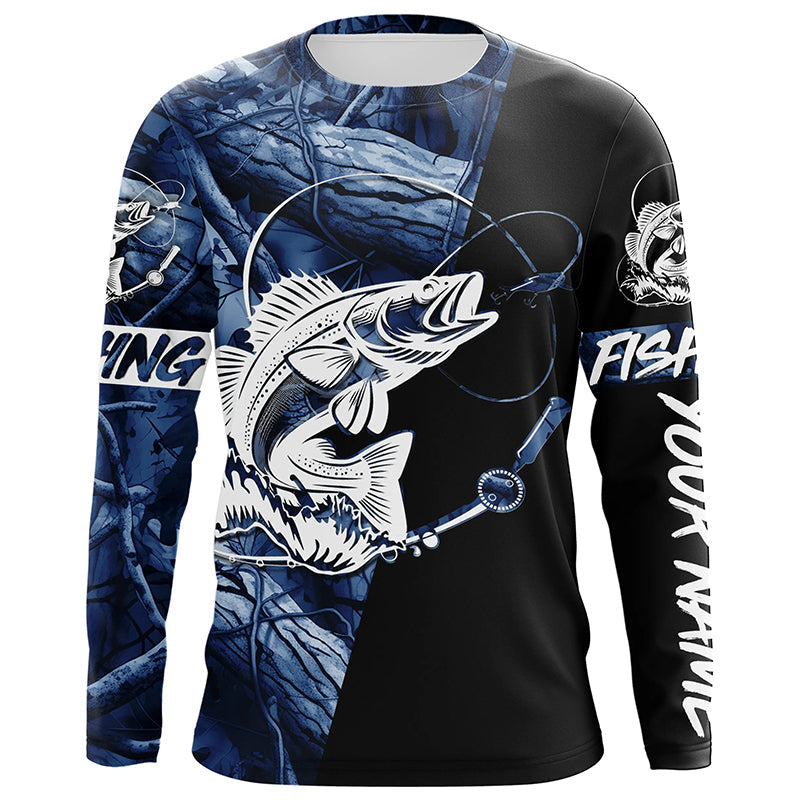 Walleye fishing tattoo blue camo Custom long sleeves fishing, walleye black version NQS4230