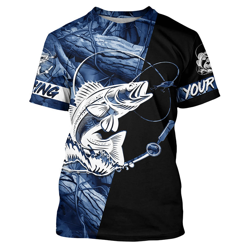 Walleye fishing tattoo blue camo Custom long sleeves fishing, walleye black version NQS4230