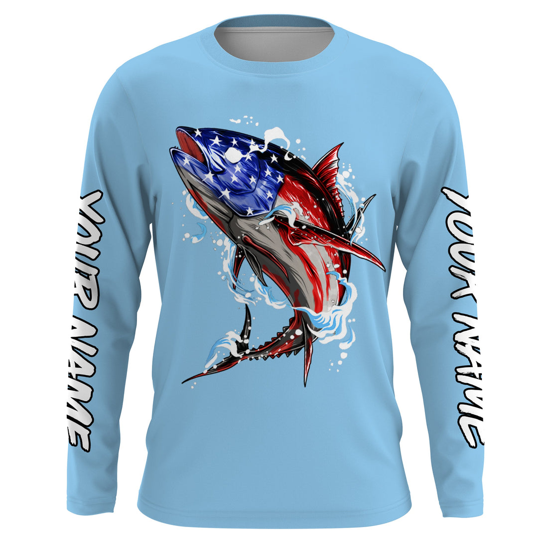 Tuna fishing American flag custom name sun protection long sleeve fishing | Sky Blue NQS3852