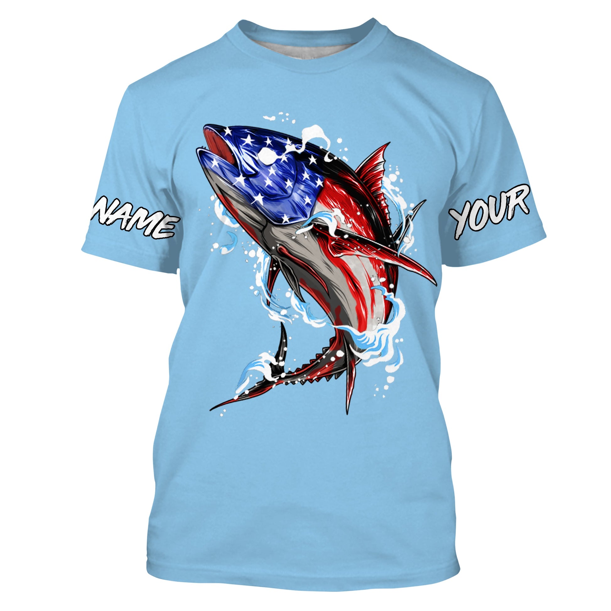 Tuna fishing American flag custom name sun protection long sleeve fishing | Sky Blue NQS3852
