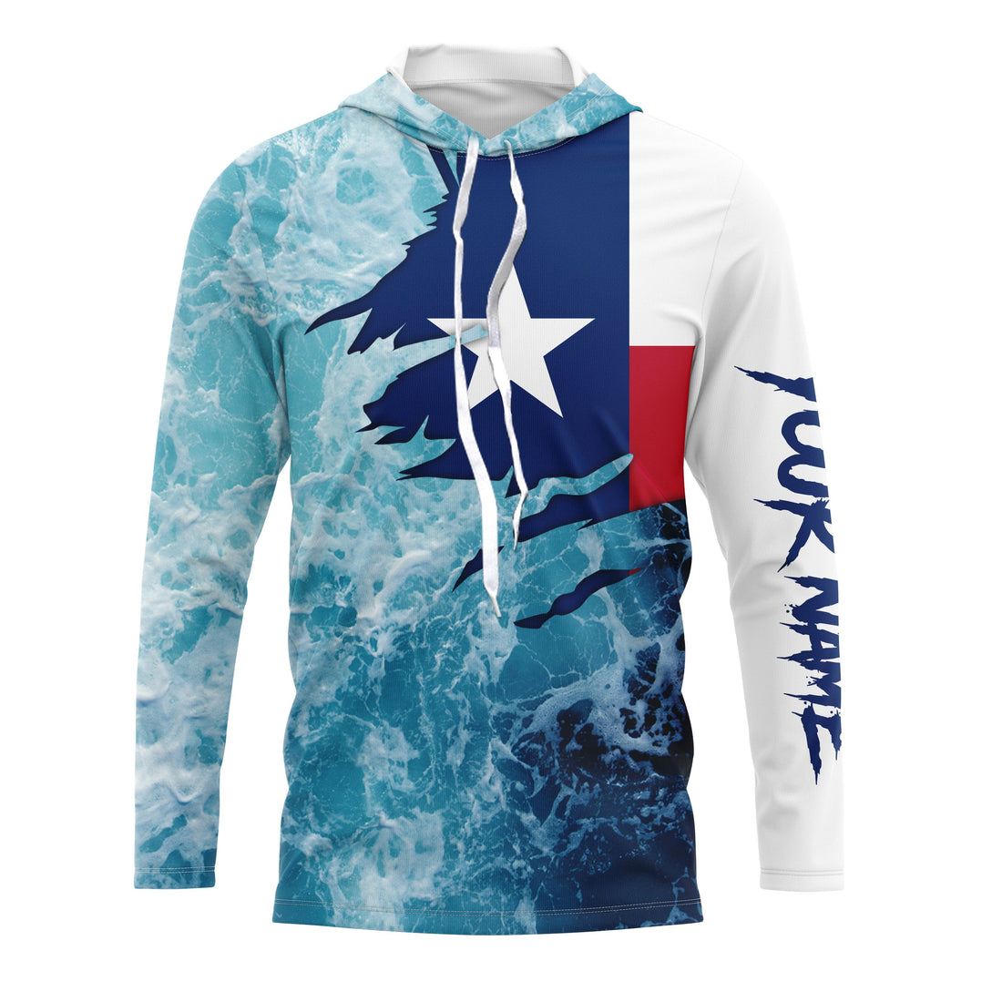 Texas flag fishing Saltwater Long sleeve customized name Fishing UV Protection, Sea wave camo blue Fishing NQS2567