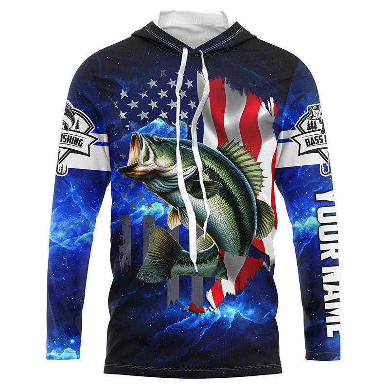 Bass Fishing 3D American Flag patriotic blue galaxy Custom long sleeve Fishing NQS5397