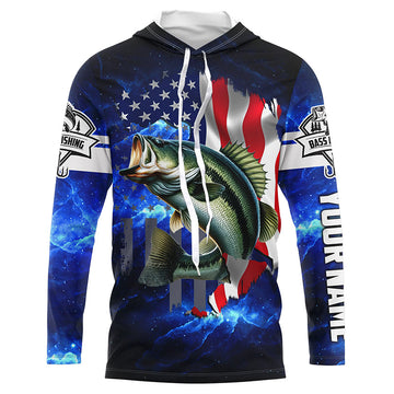 Bass Fishing 3D American Flag patriotic blue galaxy Custom long sleeve Fishing NQS5397