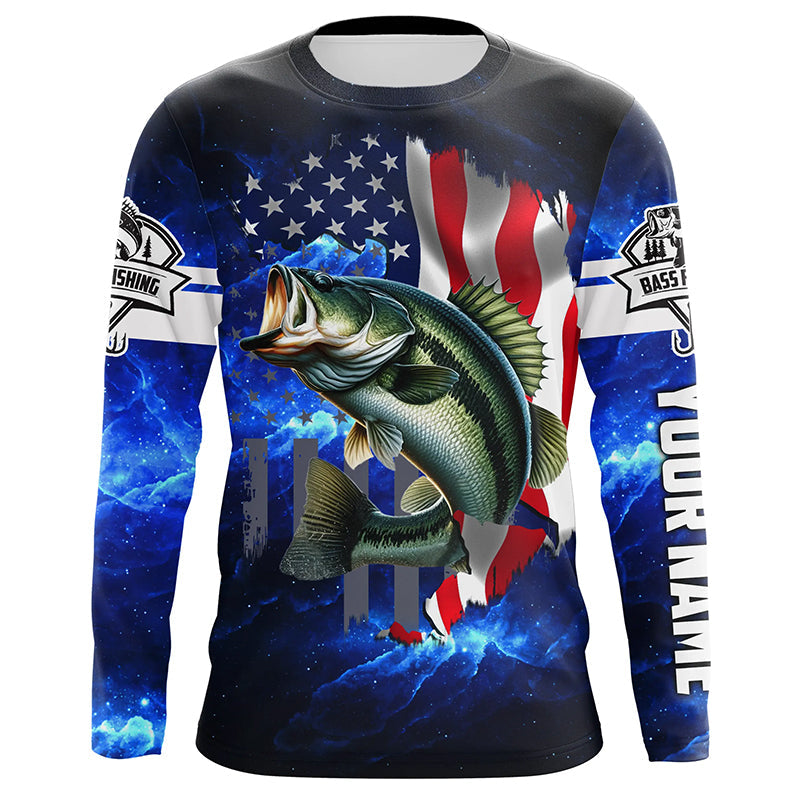 Bass Fishing 3D American Flag patriotic blue galaxy Custom long sleeve Fishing NQS5397