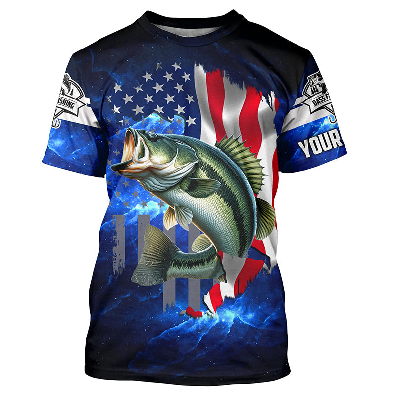 Bass Fishing 3D American Flag patriotic blue galaxy Custom long sleeve Fishing NQS5397