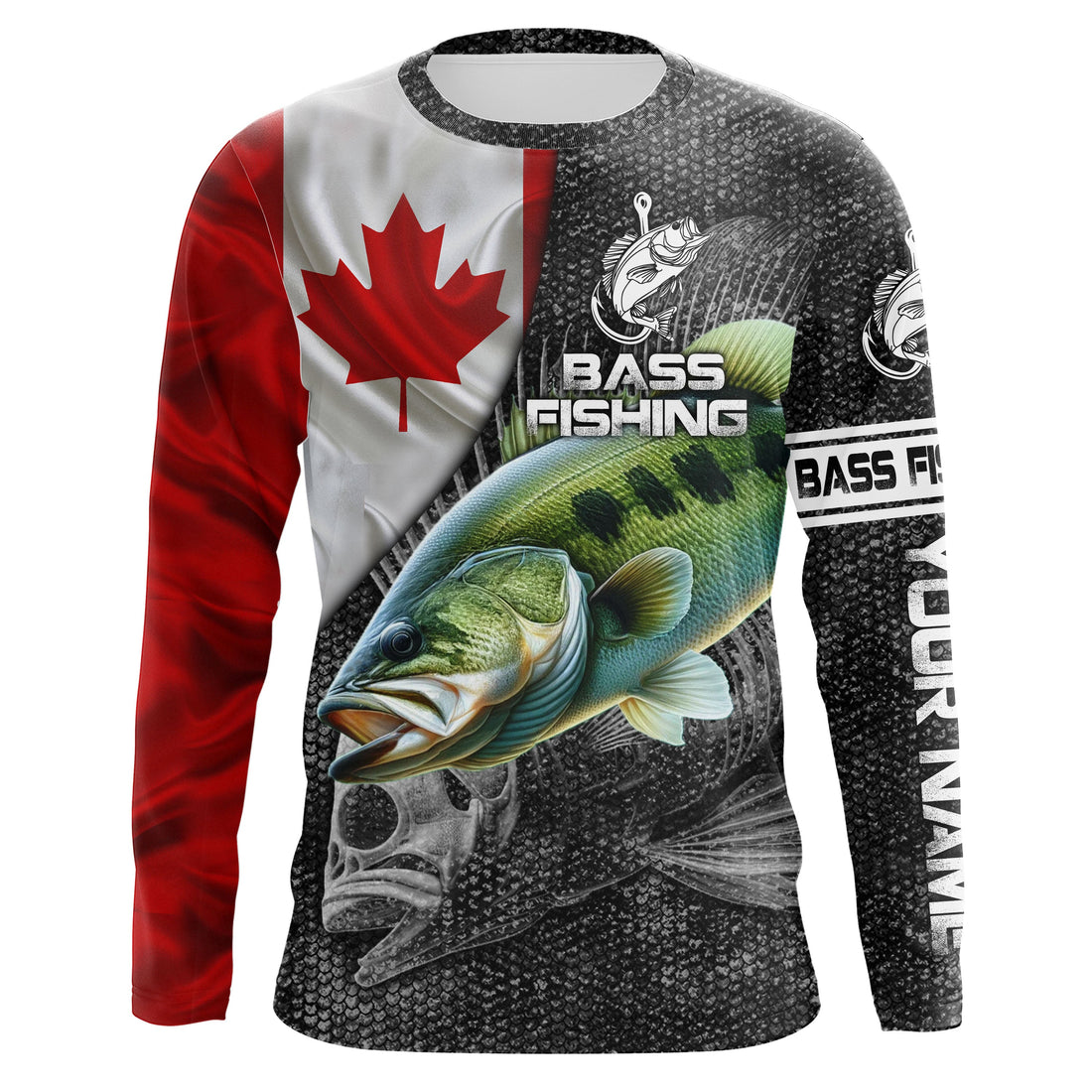 Canadian Flag Largemouth Bass Fishing Custom long sleeve performance Fishing, Fishing NQS3868