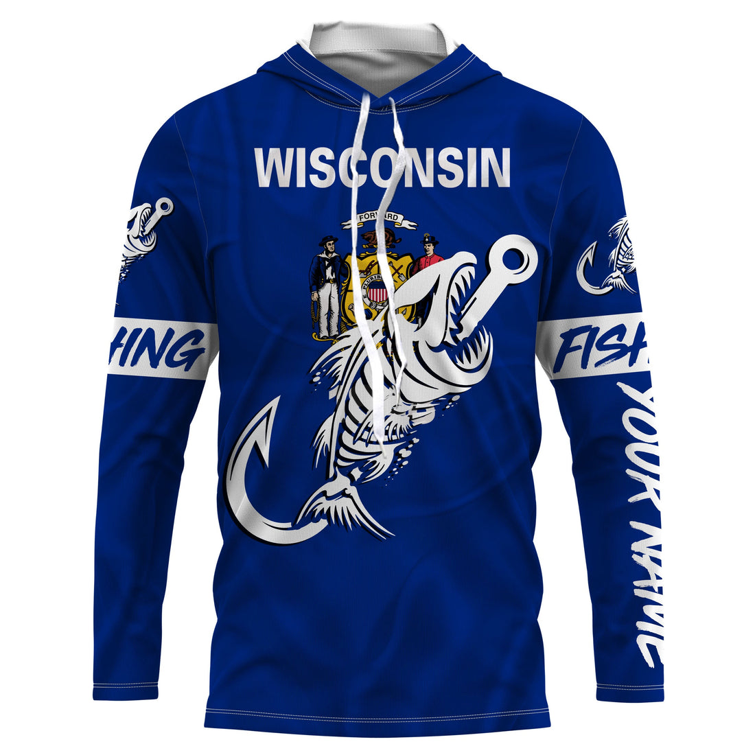 WI Wisconsin Fishing Flag Fish hook skull Custom sun protection fishing, women, kid NQS3410