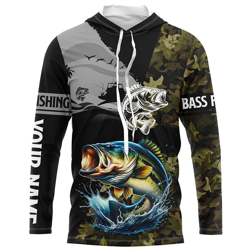 Largemouth Bass Fishing Camo UV protection custom long sleeve fishing apparel, Bass fishing NQS8198