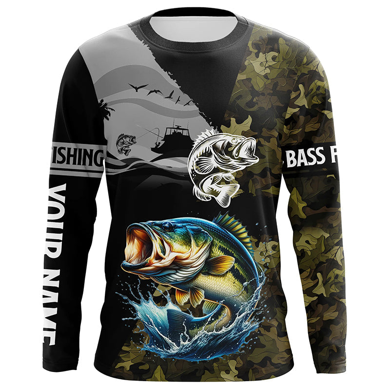 Largemouth Bass Fishing Camo UV protection custom long sleeve fishing apparel, Bass fishing NQS8198
