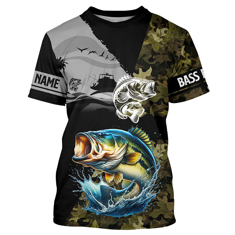 Largemouth Bass Fishing Camo UV protection custom long sleeve fishing apparel, Bass fishing NQS8198