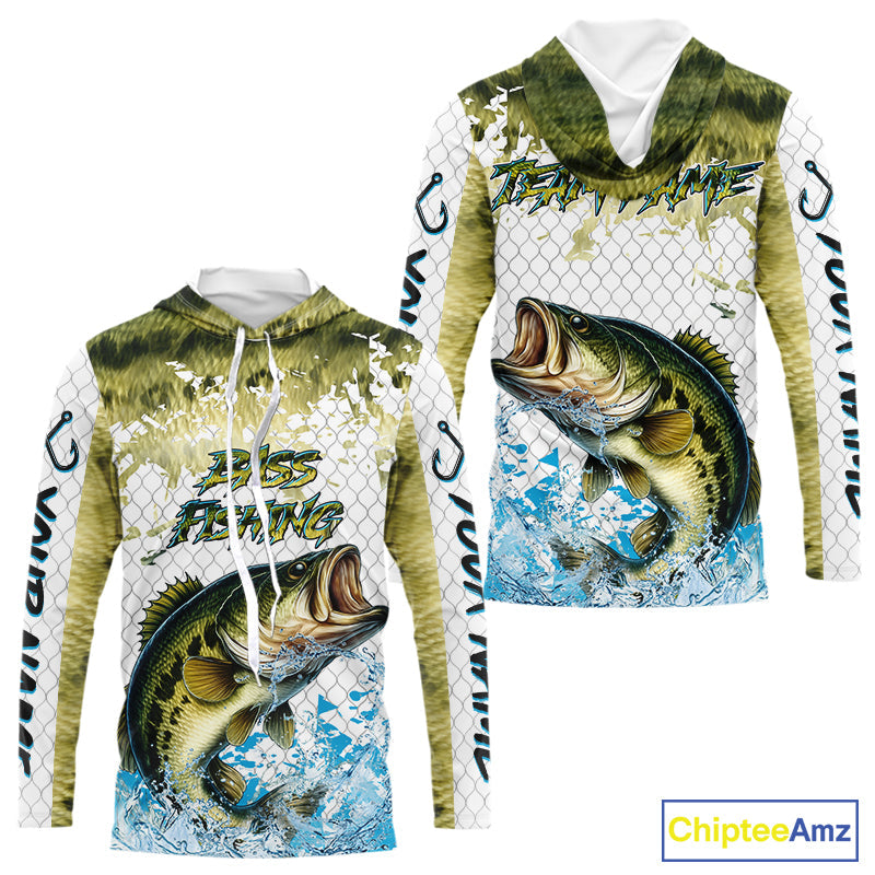Largemouth bass fishing green scales UV protection custom hooded sun, Bass fishing
