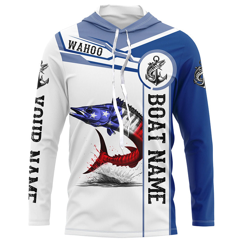 Wahoo Fishing American Flag Custom name and boat name performance Patriotic Long Sleeve Fishing NQS2338