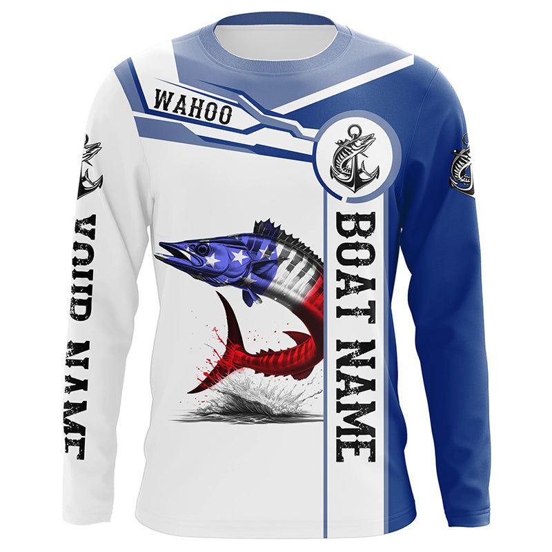 Wahoo Fishing American Flag Custom name and boat name performance Patriotic Long Sleeve Fishing NQS2338