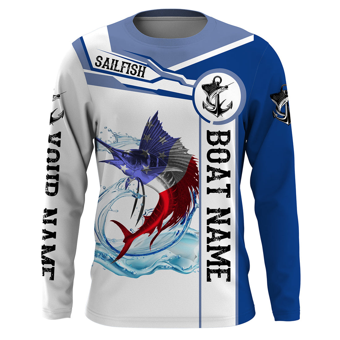 Sailfish Fishing American Flag Custom name and boat name performance Long Sleeve Fishing, Patriotic Fishing gifts NQS2339