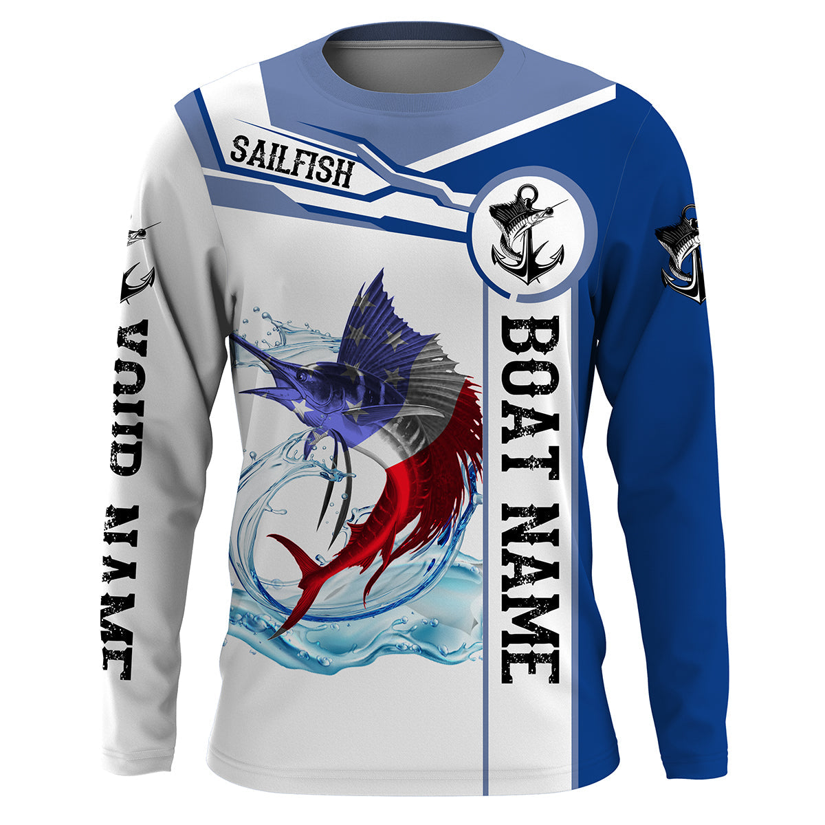 Sailfish Fishing American Flag Custom name and boat name performance Long Sleeve Fishing, Patriotic Fishing gifts NQS2339