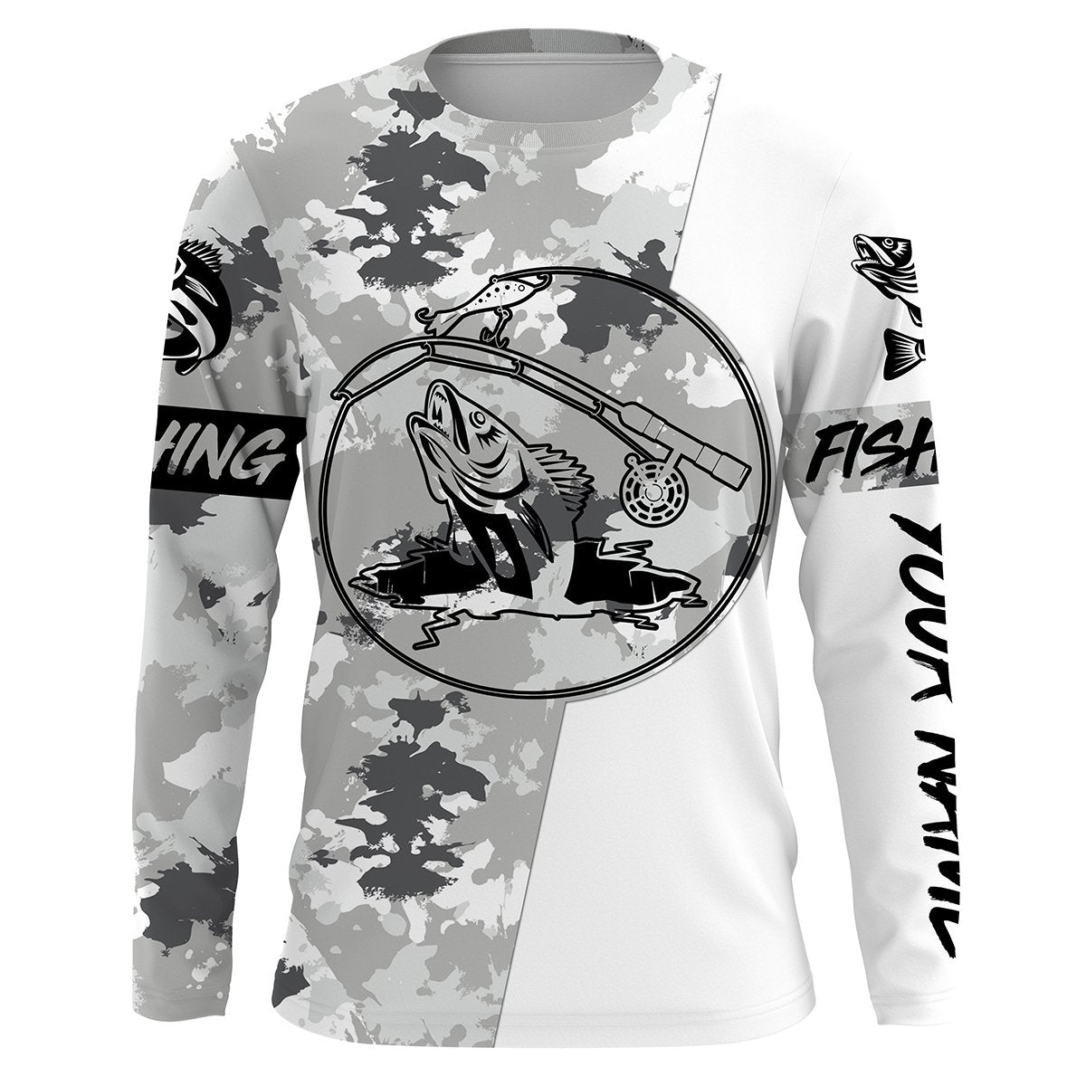 Ice fishing walleye winter camo ice fishing clothing Custom name UV protection performance fishing, gift for fisherman NQS2594