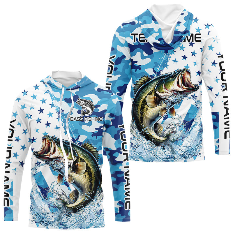 Blue Camo American Flag Bass Fishing Custom Long Sleeve Fishing Personalized Bass Fishing Gifts NQS9647