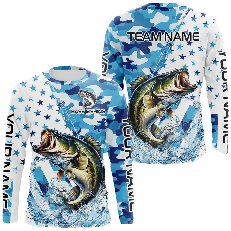 Blue Camo American Flag Bass Fishing Custom Long Sleeve Fishing Personalized Bass Fishing Gifts NQS9647