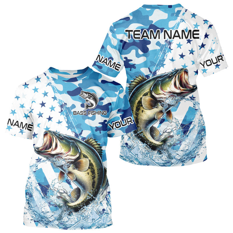 Blue Camo American Flag Bass Fishing Custom Long Sleeve Fishing Personalized Bass Fishing Gifts NQS9647