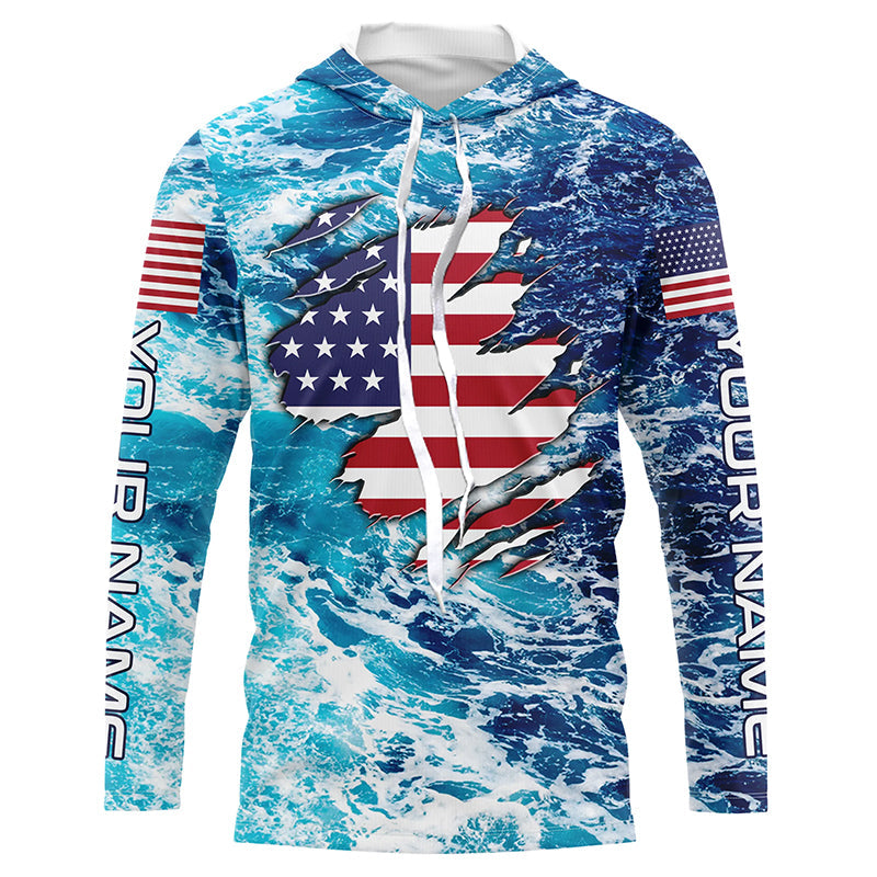 Blue sea wave ocean camo American flag patriot Custom sun protection fishing long sleeve NQS5429