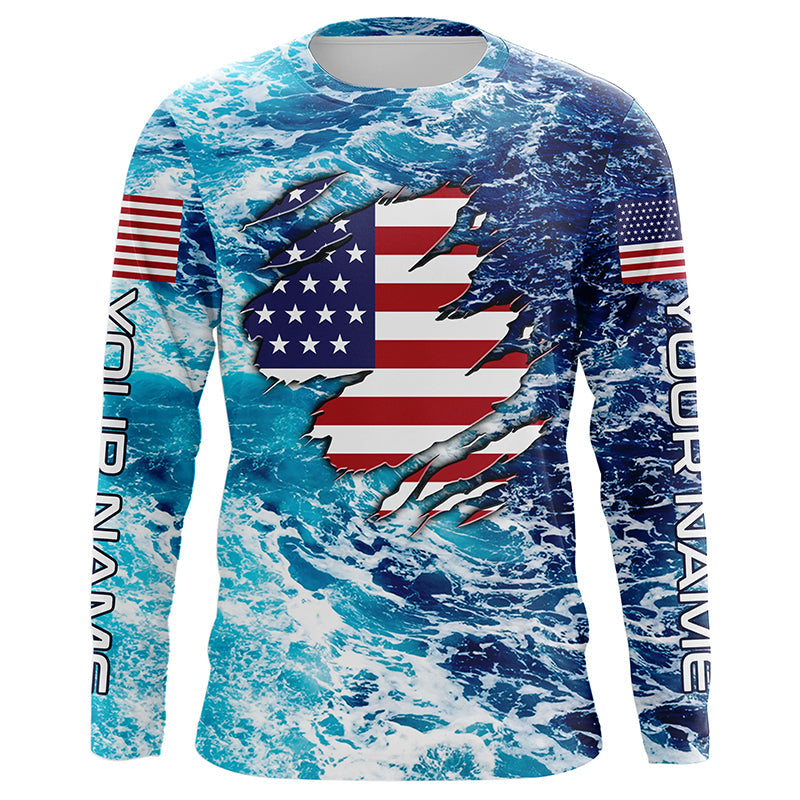 Blue sea wave ocean camo American flag patriot Custom sun protection fishing long sleeve NQS5429