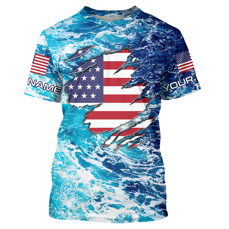 Blue sea wave ocean camo American flag patriot Custom sun protection fishing long sleeve NQS5429