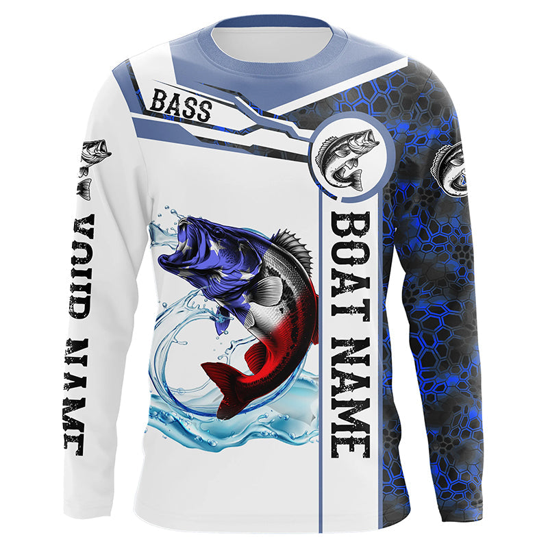 Bass Fishing blue camo American Flag Custom name and boat name performance Long Sleeve Fishing NQS5190