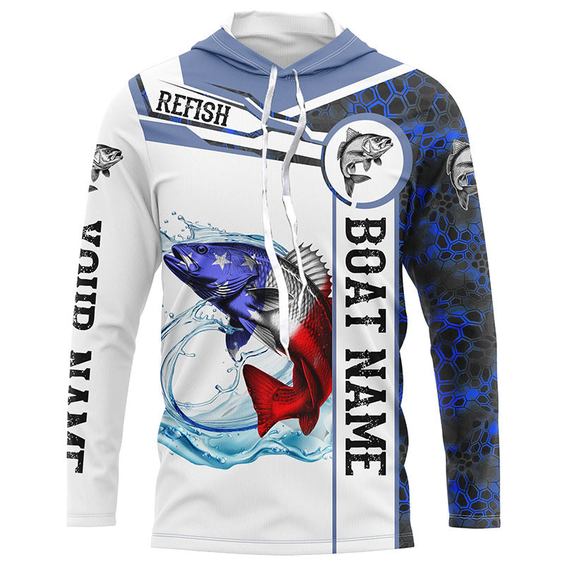 Redfish Fishing blue camo American Flag Custom name and boat name performance Long Sleeve Fishing NQS5191