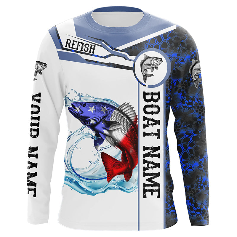 Redfish Fishing blue camo American Flag Custom name and boat name performance Long Sleeve Fishing NQS5191