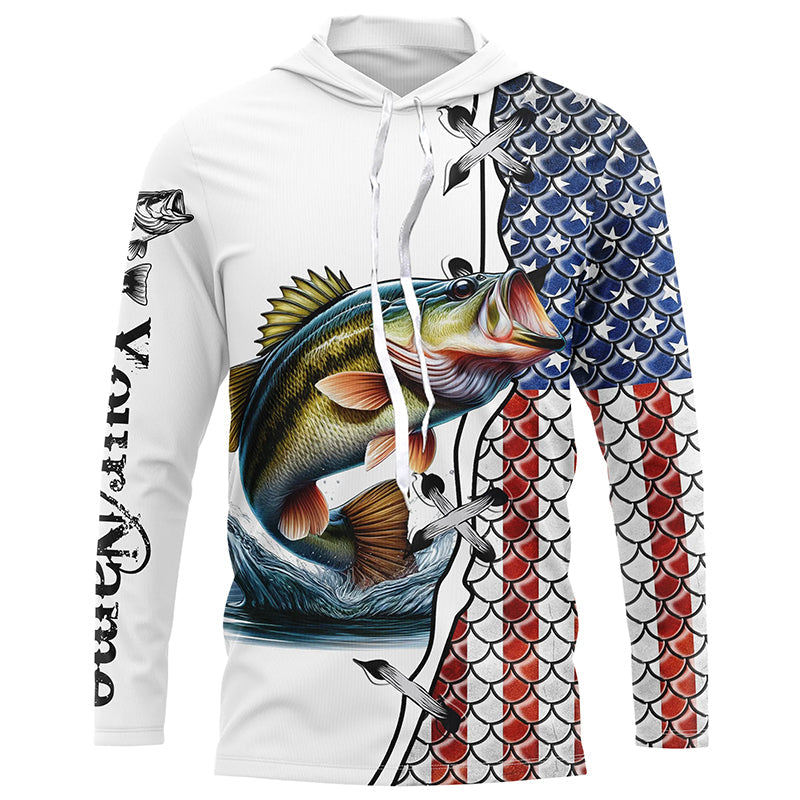 Largemouth Bass fishing American flag patriotic 4th July Custom name performance fishing NQS2072
