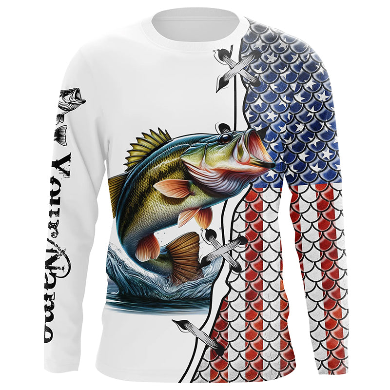 Largemouth Bass fishing American flag patriotic 4th July Custom name performance fishing NQS2072