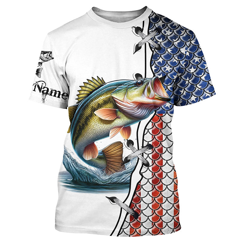 Largemouth Bass fishing American flag patriotic 4th July Custom name performance fishing NQS2072