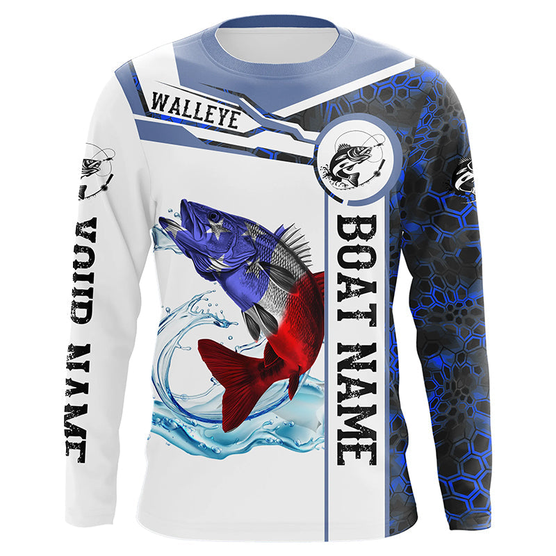 Walleye Fishing blue camo American Flag Custom name and boat name performance Long Sleeve Fishing NQS3457