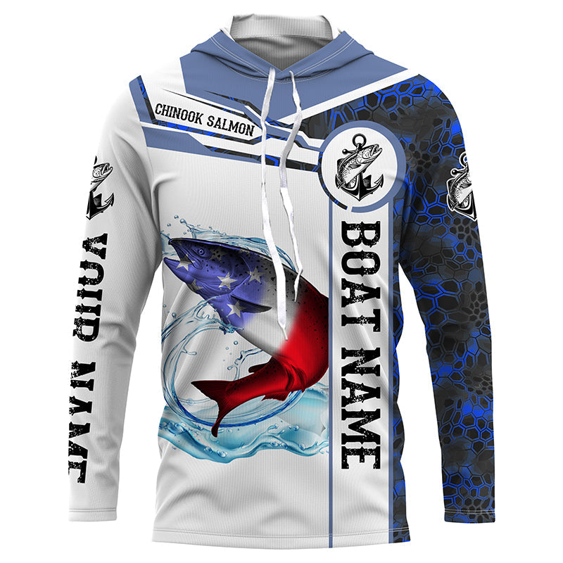 Salmon Fishing blue camo American Flag Custom name and boat name performance Long Sleeve Fishing NQS3902