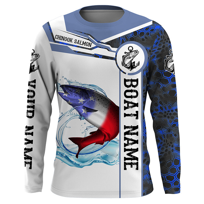 Salmon Fishing blue camo American Flag Custom name and boat name performance Long Sleeve Fishing NQS3902