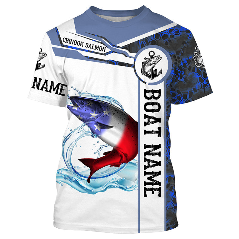Salmon Fishing blue camo American Flag Custom name and boat name performance Long Sleeve Fishing NQS3902