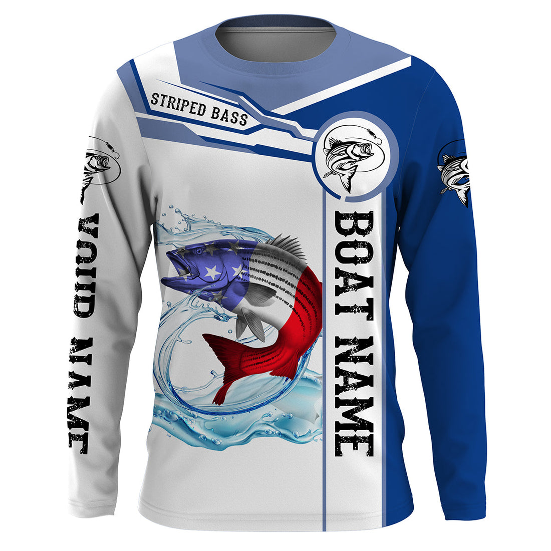 Striped Bass Fishing American Flag Custom name and boat name performance Long Sleeve Fishing, Patriotic Fishing gifts NQS2352