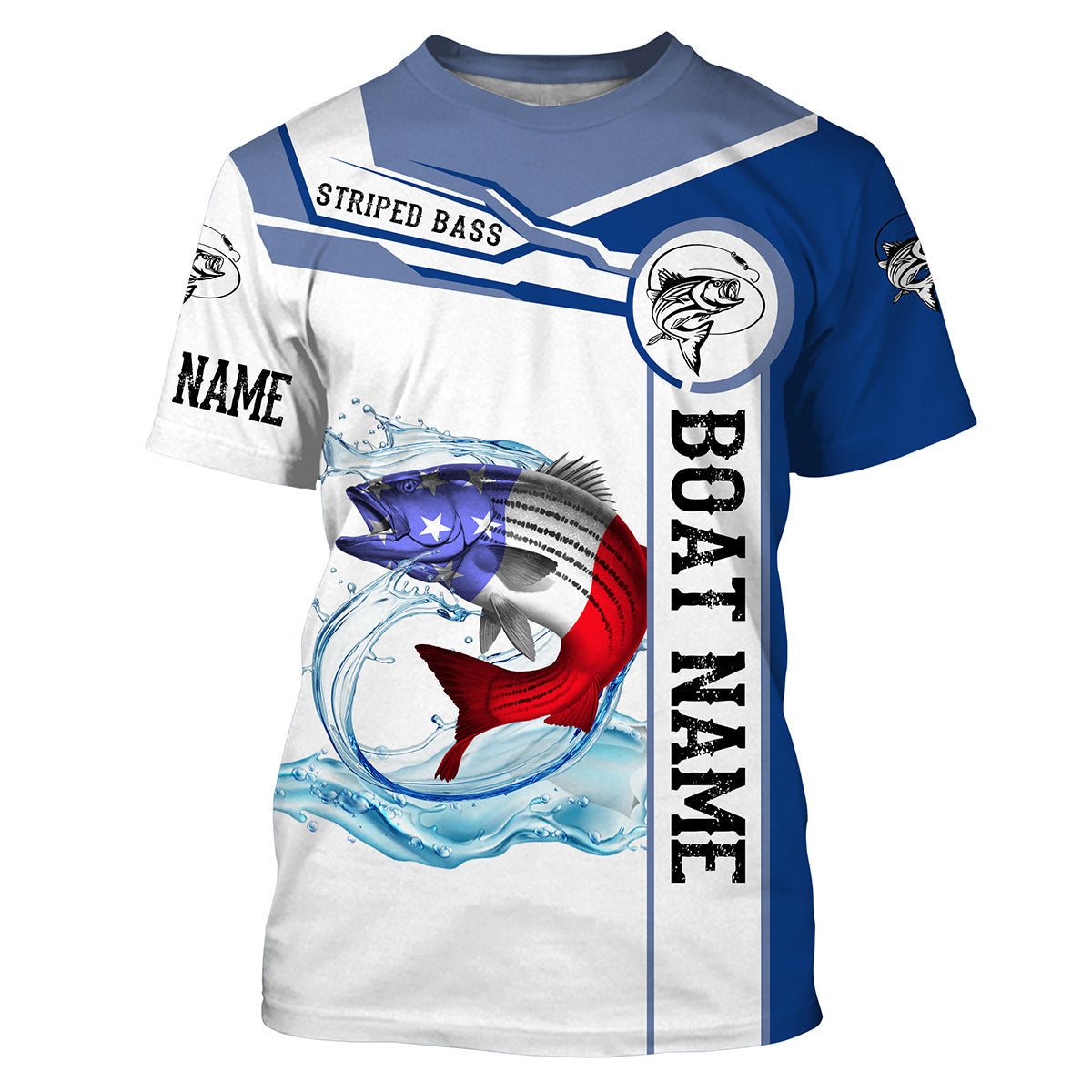 Striped Bass Fishing American Flag Custom name and boat name performance Long Sleeve Fishing, Patriotic Fishing gifts NQS2352