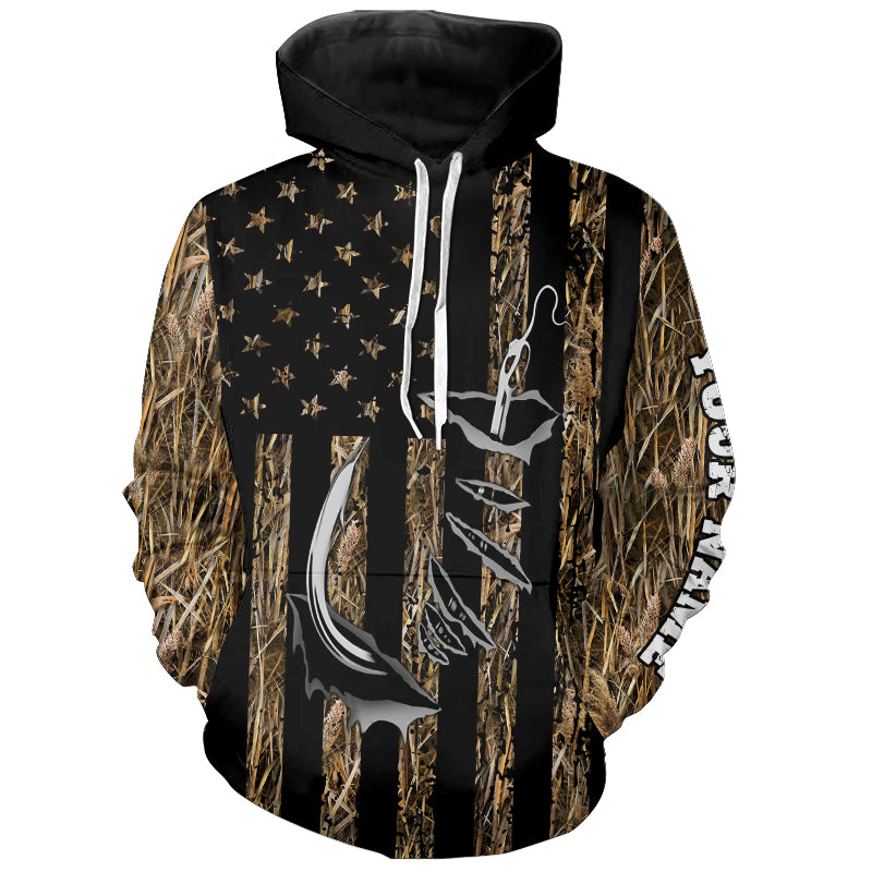 Personalized American Flag Camo Fishing, Fish hook camo patriotic Long Sleeve Fishing NQS8920