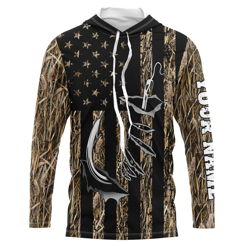 Personalized American Flag Camo Fishing, Fish hook camo patriotic Long Sleeve Fishing NQS8920