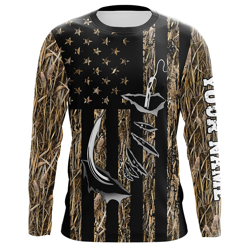 Personalized American Flag Camo Fishing, Fish hook camo patriotic Long Sleeve Fishing NQS8920