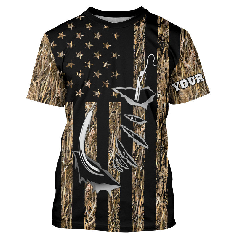 Personalized American Flag Camo Fishing, Fish hook camo patriotic Long Sleeve Fishing NQS8920