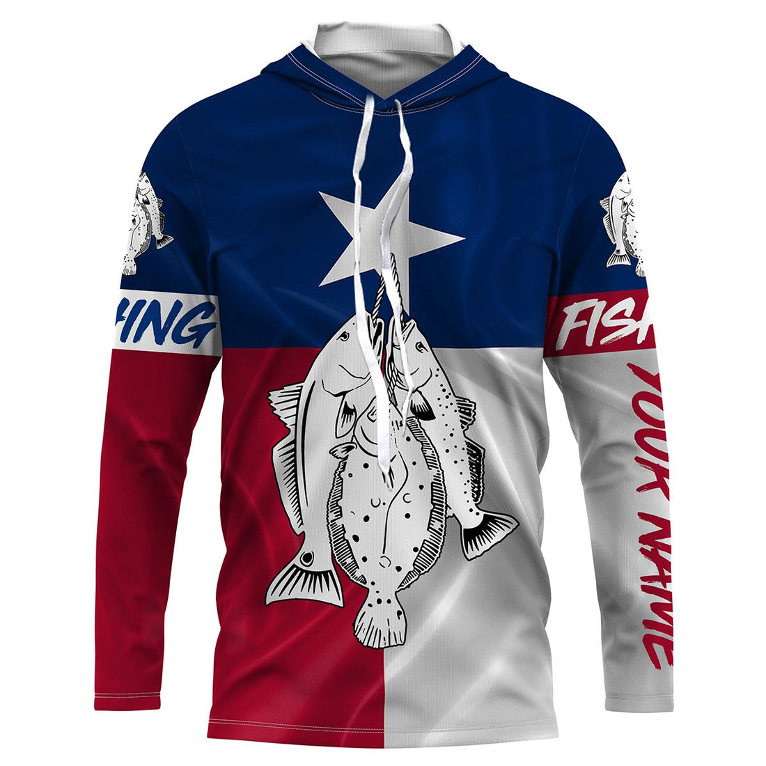 Texas slam redfish, speckled trout, flounder fishing Texas flag patriotic Custom name UV protection performance fishing NQS2618